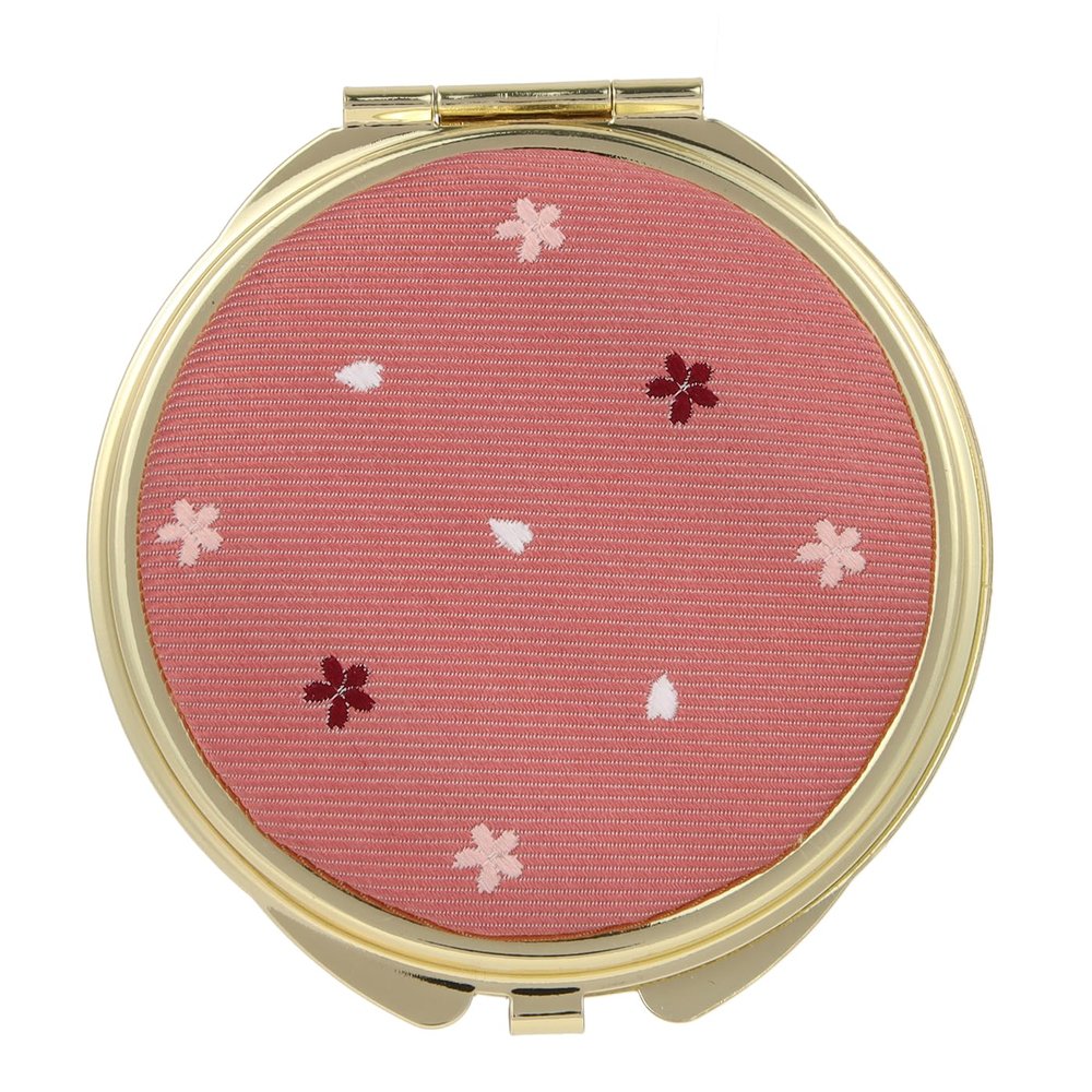 FORTUNA Tokyo Compact Mirror, Nishijin Textile Silk Hand Mirror, Double-Sided Mirror, Magnifier, Made in Japan, Round Size, Cherry Blossom Pattern -15, Sakura (Pink/Gold)