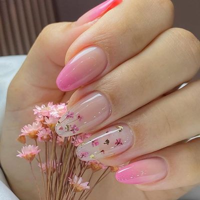 CEWEWP 24Pcs Almond Shape Pink Gradient Spring Floral False Nails, 12 Sizes, Glossy Finish, Full Cover, Reusable, DIY Manicure