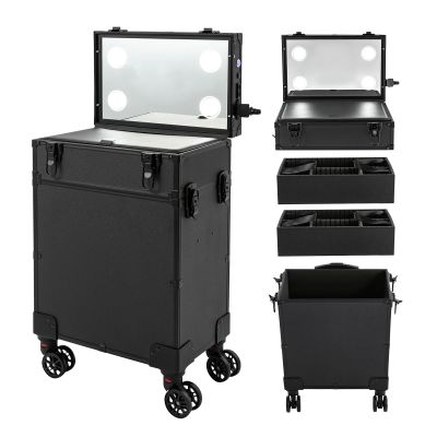 LyeXD Rolling Makeup Train Case on wheels, 3 Tiers Professional Make Up Suitcase Cosmetic Trolley with Mirror LED Lighted Makeup Travel Case, Large Storage Cosmetic Trolley Makeup Train Case (3 Tier)