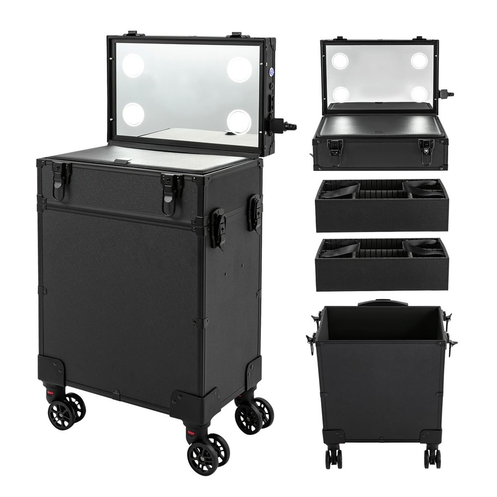 LyeXD Rolling Makeup Train Case on wheels, 3 Tiers Professional Make Up Suitcase Cosmetic Trolley with Mirror LED Lighted Makeup Travel Case, Large Storage Cosmetic Trolley Makeup Train Case (3 Tier)