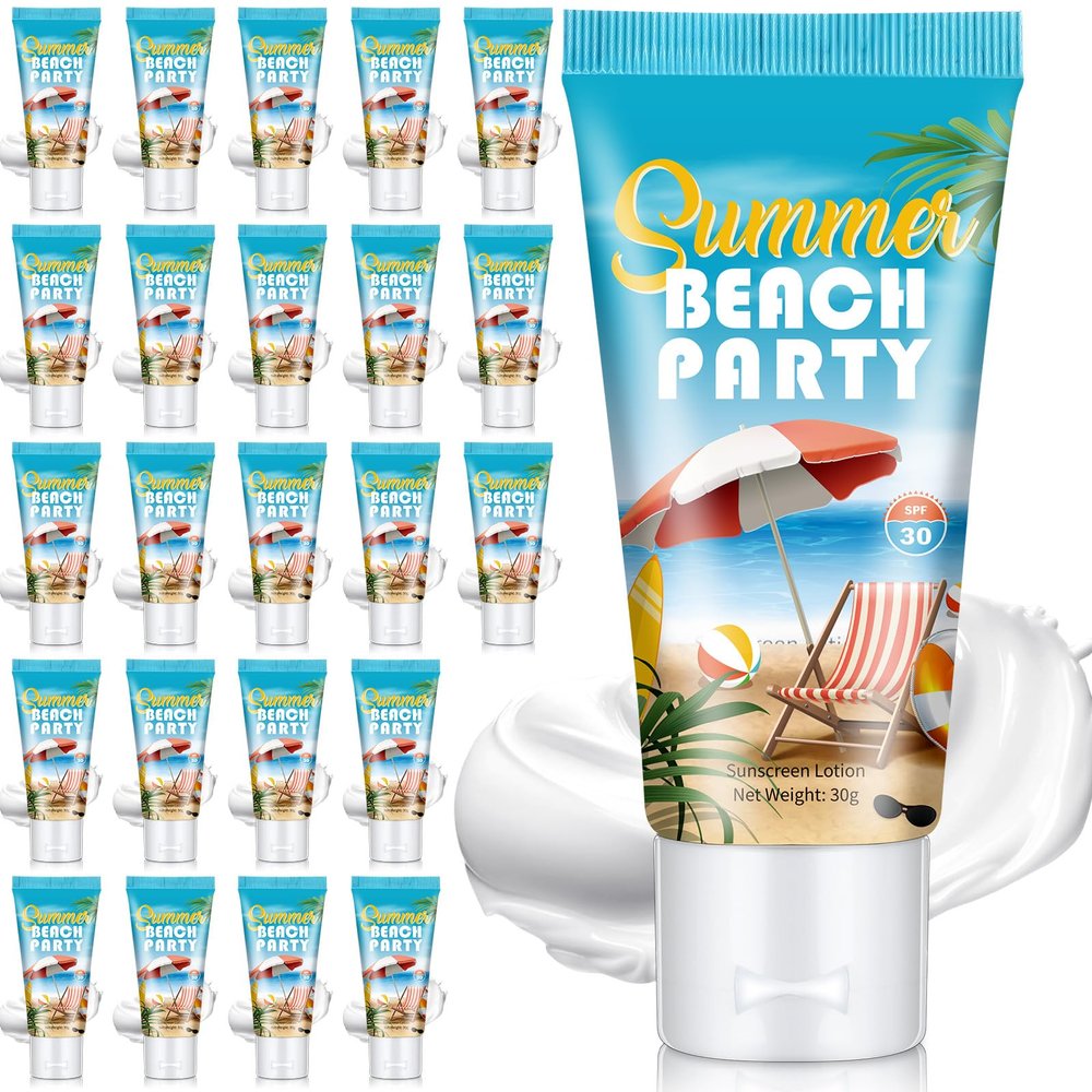 Dansib 24 Pcs Mini Sunscreen Bulk for Summer Wedding Party Spf 30 Water Resistant Sunscreen Lotion Bulk 1oz Travel Size for Thank You Gifts Wedding Party Supplies(White Cream,Beach)