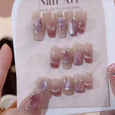 Handmade Wearing Armor French Cat Eye Magic Mirror Pink Elegance Explosive Flash Wearable Nail Art Detachable (Size : Medium, Color : L)