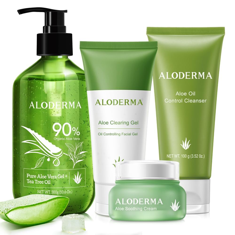 Aloderma Essential Aloe Clearing Set - 4 Pieces - Cleanser, Soothing Cream, Aloe Vera Gel with Tea Tree Oil and Aloe Clearing Gel