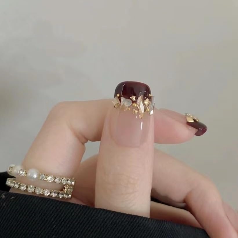 NALoRa Handmade Wearing Armor Rich and Noble Thousand Gold Explosive Sparkling Champagne Broken Diamond Red French New Year Nail (Size : XS)