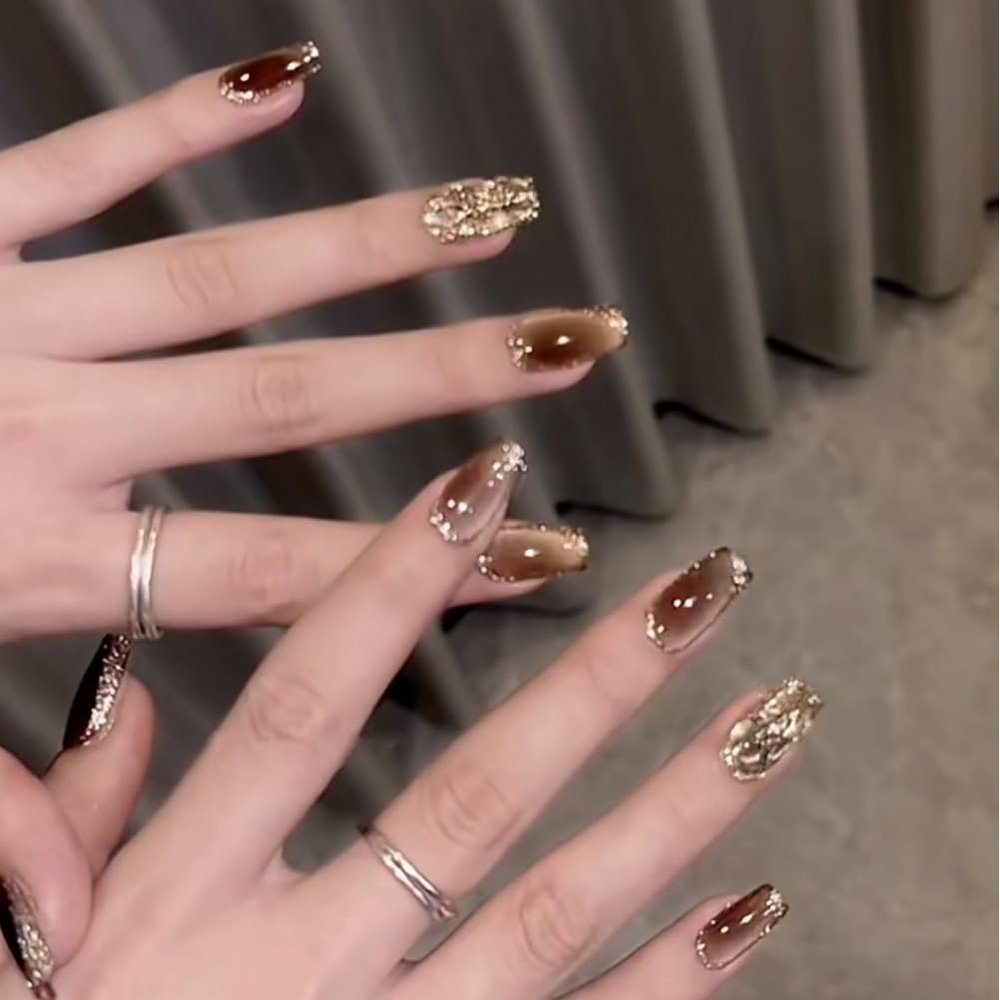 NALoRa Brown Starry Cat Eye Champagne Diamonds Handmade Wearable Nail in Autumn High Grade Beauty Patch Nail enhancement (Size : XS)
