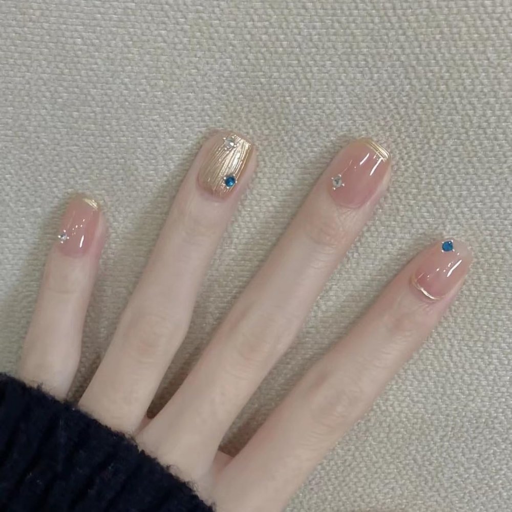 Handmade Nail Wearing Simple and Gentle Style, Naked Color Nail Magic Mirror Powder, French Style, Whitening False Nail Patch (Size : L)