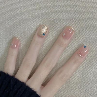 Handmade Nail Wearing Simple and Gentle Style, Naked Color Nail Magic Mirror Powder, French Style, Whitening False Nail Patch (Size : M)