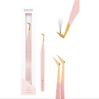 KIARA SKY LASH Tweezer for Eyelash Extensions | Precision Fiber Tip Grip | Volume, Mega Volume, and Lash Removal Fills | Comfortable Ergonomic Design | Pink and Gold, BOOT TWEEZER
