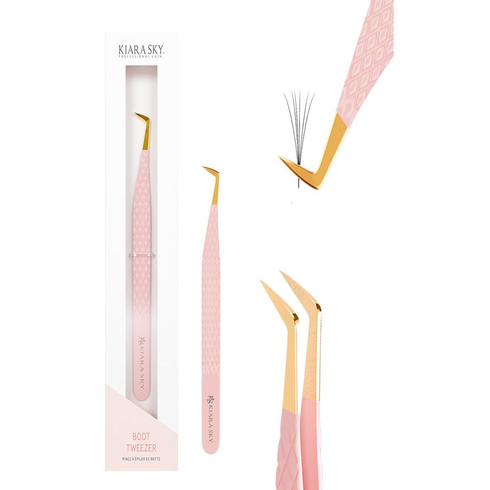 KIARA SKY LASH Tweezer for Eyelash Extensions | Precision Fiber Tip Grip | Volume, Mega Volume, and Lash Removal Fills | Comfortable Ergonomic Design | Pink and Gold, BOOT TWEEZER