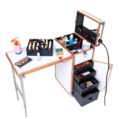 COYEUX Portable Rolling Makeup Train Case, Rolling Manicure Table, with 4 Drawers Mirror Speaker Nail Tables, for Lockable Salon Travel