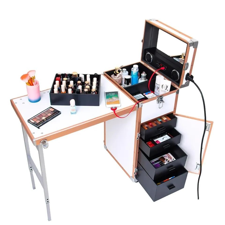 COYEUX Portable Rolling Makeup Train Case, Rolling Manicure Table, with 4 Drawers Mirror Speaker Nail Tables, for Lockable Salon Travel