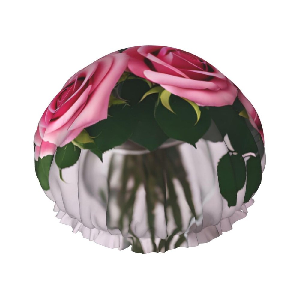 Pink Roses Print Shower Cap, Bath Shower Caps for Women Long Hair, Double Layer Waterproof Bathing Shower Hat