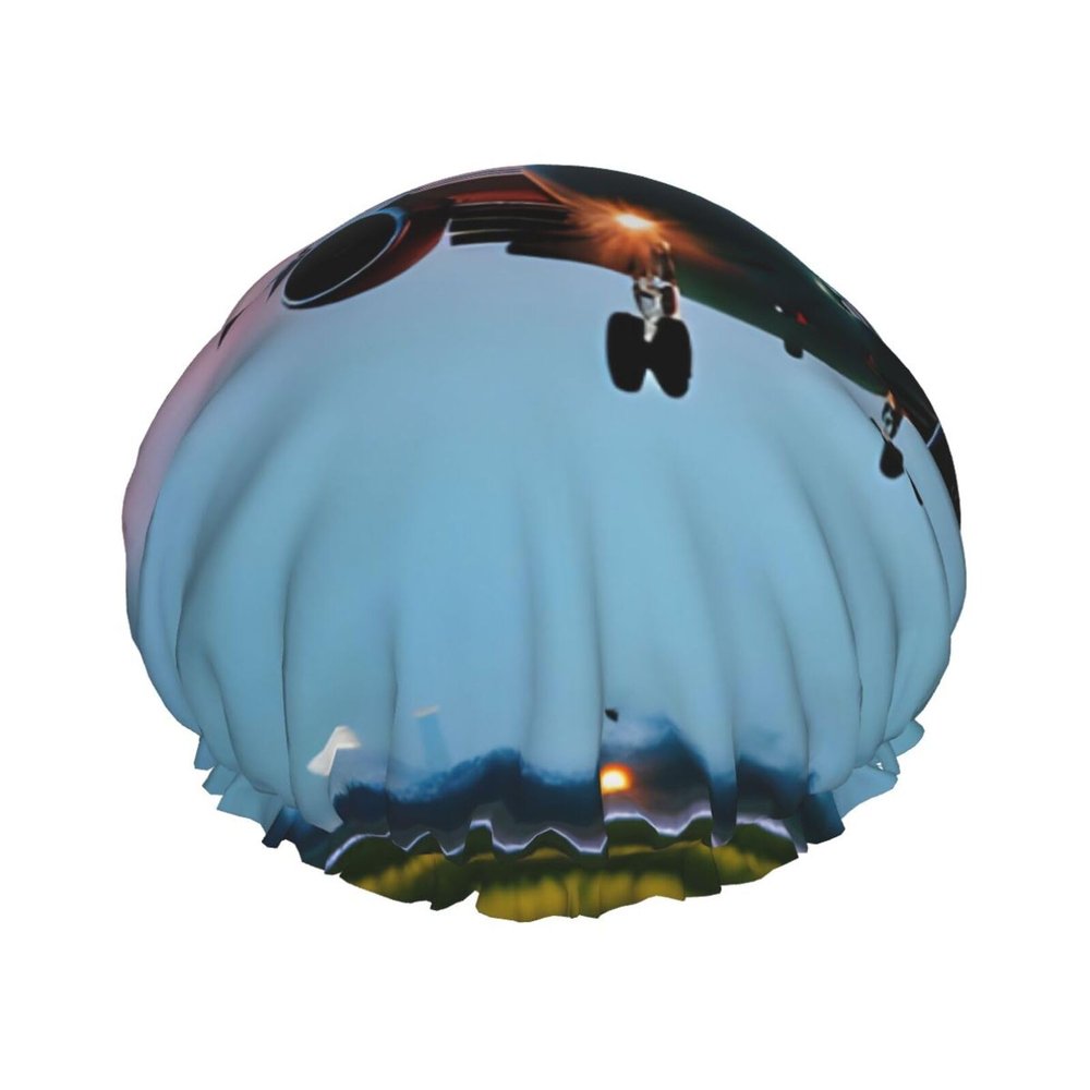 Airplane in The Evening Lights Print Shower Cap, Bath Shower Caps for Women Long Hair, Double Layer Waterproof Bathing Shower Hat