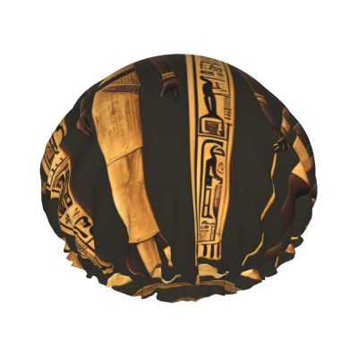 Ancient Egyptian Hieroglyph Print Shower Cap, Bath Shower Caps for Women Long Hair, Double Layer Waterproof Bathing Shower Hat
