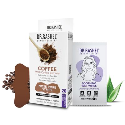 DR.RASHEL Coffee Nose Pore Strips For Pore Cleansing, Instant And Painless Blackheads Removal | Deep Purifying Blackhead Remover Strips for Nose | 20 PCS (10 Strips & 10 Wipes)