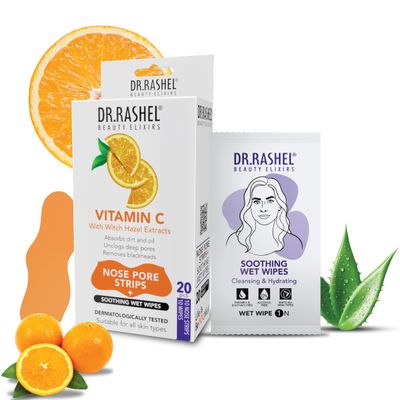 DR.RASHEL Vitamin C Nose Pore Strips For Pore Cleansing, Instant And Painless Blackheads Removal | Deep Purifying Blackhead Remover Strips for Nose | 20 PCS (10 Strips & 10 Wipes)