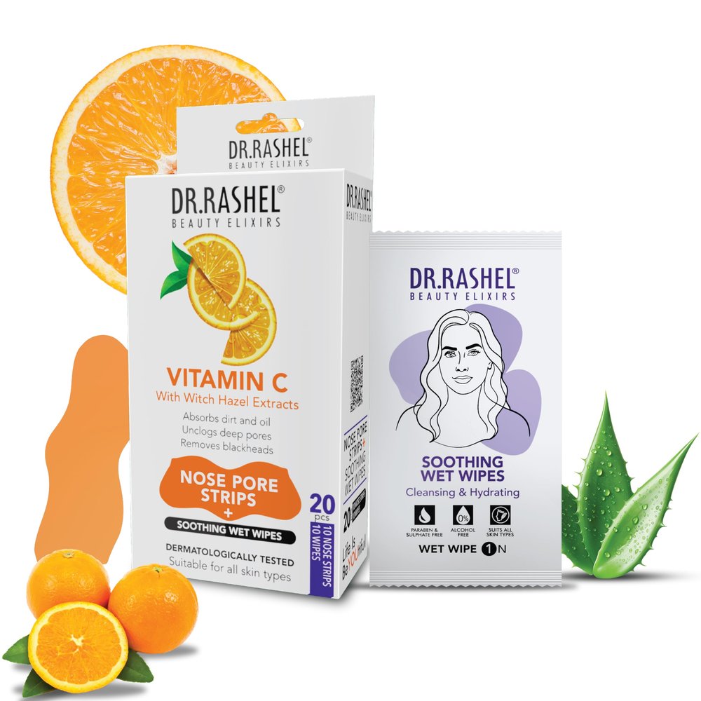 DR.RASHEL Vitamin C Nose Pore Strips For Pore Cleansing, Instant And Painless Blackheads Removal | Deep Purifying Blackhead Remover Strips for Nose | 20 PCS (10 Strips & 10 Wipes)