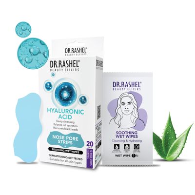DR.RASHEL Hyaluronic Nose Pore Strips For Pore Cleansing, Instant And Painless Blackheads Removal | Deep Purifying Blackhead Remover Strips for Nose | 20 PCS (10 Strips & 10 Wipes)