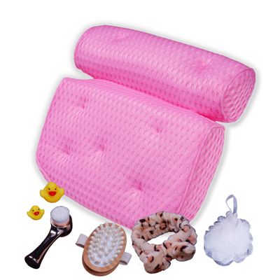 TUBBIE BASIC Pillow for Bathtub Pillow Set of 8 Pieces Luxury Spa Bath Set Bath Cellulite Brush, Facial Cleanser Brush Bath Spouge Neck and Shoulder Pain Relief Pillow Gift Box for her, Large, Pink