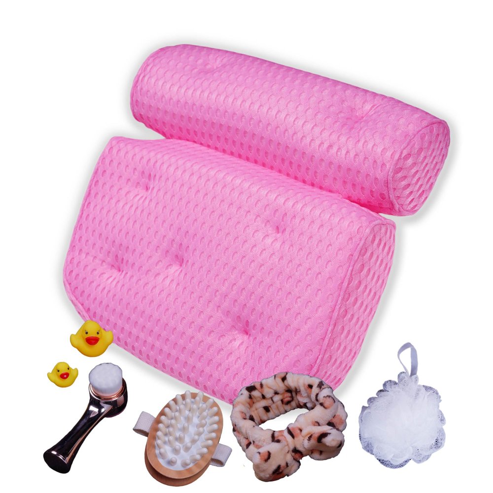 TUBBIE BASIC Pillow for Bathtub Pillow Set of 8 Pieces Luxury Spa Bath Set Bath Cellulite Brush, Facial Cleanser Brush Bath Spouge Neck and Shoulder Pain Relief Pillow Gift Box for her, Large, Pink