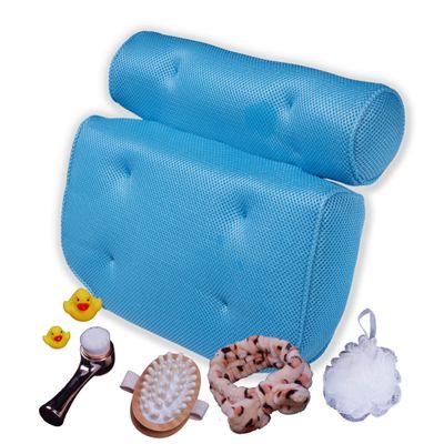 TUBBIE BASIC Pillow Gift Box Bathtub Pillow Set of 8 Pieces Luxury Spa Bath Set Cellulite Brush Facial Cleanser Brush Bath Spouge, Neck and Shoulder Pain Relief Pillow, Large, Blue