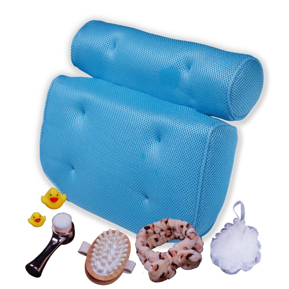 TUBBIE BASIC Pillow Gift Box Bathtub Pillow Set of 8 Pieces Luxury Spa Bath Set Cellulite Brush Facial Cleanser Brush Bath Spouge, Neck and Shoulder Pain Relief Pillow, Large, Blue