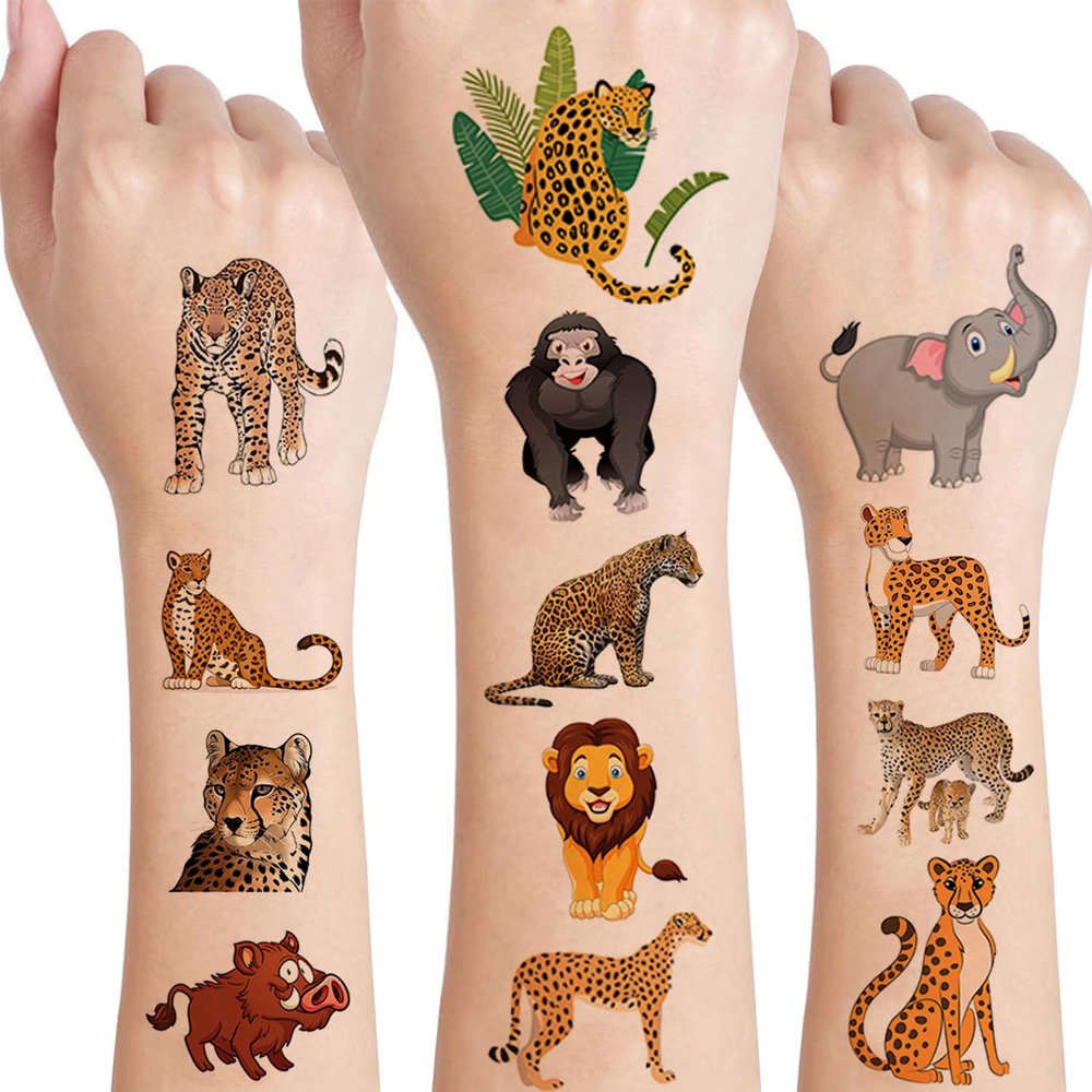 12 Sheets Jungle Animal Temporary Tattoos Stickers, Cheetah Birthday Party Supplies Jungle Theme Party Favors Gifts Safari Birthday Decorations Fake Tattoos Stickers Jungle Themed Goody Bag Stuffers