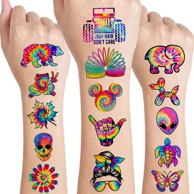 12 Sheets Tie Dye Temporary Tattoos Stickers, Tie Dye Birthday Party Supplies Decorations Cute Colorful Graffiti Fake Tattoos Party Favors Goodie Bag Fillers Party Game Gifts School Classroom Rewards