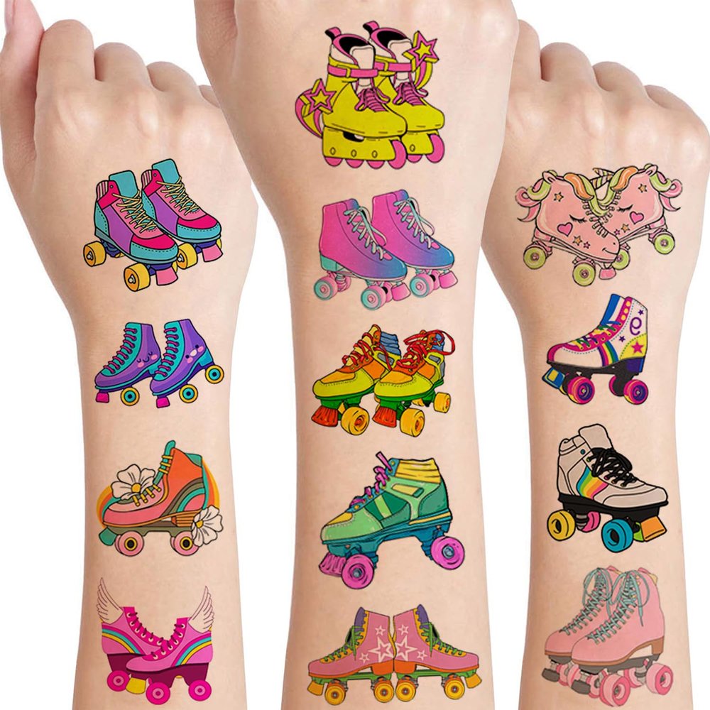 12 Sheets Roller Skate Temporary Tattoos, 80s 90s Roller Skating Birthday Party Supplies Decorations Roller Skating Party Favors Goodie Bag Fillers Party Game Gifts School Classroom Rewards