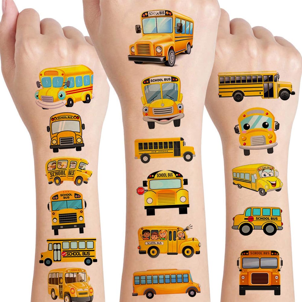12 Sheets School Bus Temporary Tattoos Stickers, School Bus Birthday Party Supplies Decorations Transportation Stickers Cute Fake Tattoos Goodie Bag Fillers Party Favors School Classroom Reward Gifts
