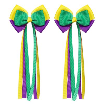 SUPCLIPS Mardi Gras Hair Bow Clips Long Tail Boutique Cheer Bow Hairpins Circus Carnival Hair Accessories for Kids Girls Women