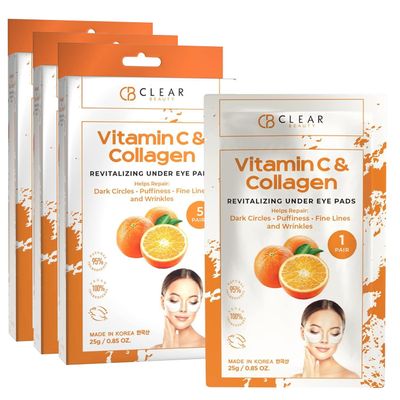 Clear Beauty Vitamin C & Collagen Under Eye Patches  Reduces Dark Circles, Puffiness & Fine Lines  Hydrating & Firming Eye Pads  Dermatologist Tested, Korean Skin Care, Vegan Clean Beauty  3 Pack