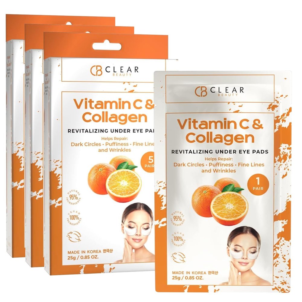 Clear Beauty Vitamin C & Collagen Under Eye Patches  Reduces Dark Circles, Puffiness & Fine Lines  Hydrating & Firming Eye Pads  Dermatologist Tested, Korean Skin Care, Vegan Clean Beauty  3 Pack