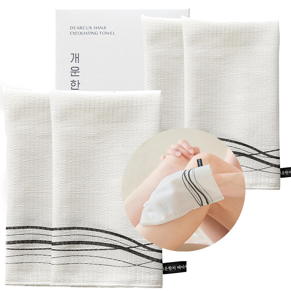 DEARCUS Korean Exfoliating Washcloth Towel 4 Pcs, Hanji Bath Washcloths Mitt Scrub Body Washcloth Glove, Skin Irritation Free Korean Mulberry Bark, Reusable Soft and Gentle Scrubbing