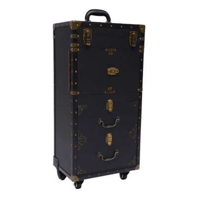 Makeup Train Case Hairdressing Trolley, Rolling Lockable Professional Stylist Beauty Salon Cosmetic Luggage Travel Organizer Tool Box with 4 Storage Compartments & Wheels and Hair Dryer Holder (Black)