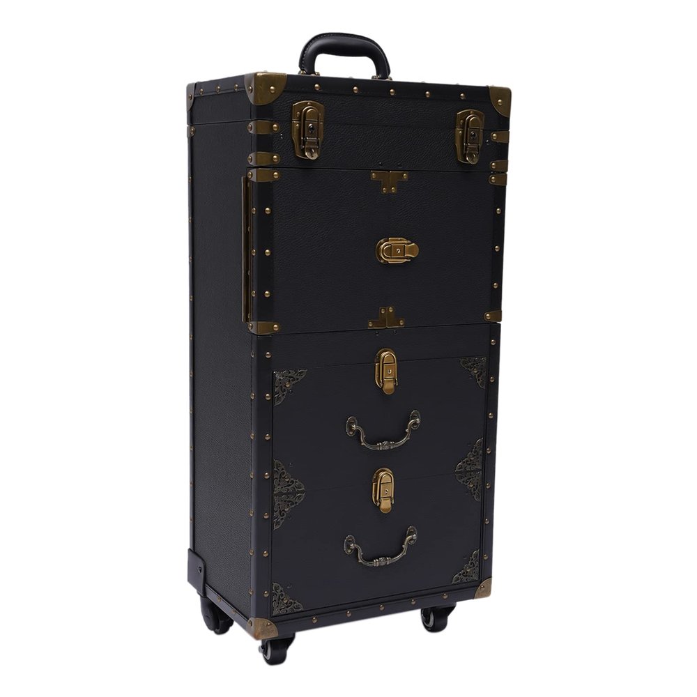 Makeup Train Case Hairdressing Trolley, Rolling Lockable Professional Stylist Beauty Salon Cosmetic Luggage Travel Organizer Tool Box with 4 Storage Compartments & Wheels and Hair Dryer Holder (Black)