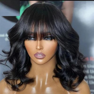 Hesperis Bangs Wig Short Body Wave Natural Human Hair Brazilian Scalp Top Full Machine Made Wigs Deep Wave Bob None Lace Wig Natural Color (8inch, 150% Density)