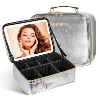 JUSRON Travel Makeup Bag With LED Mirror, Cosmetic Train Case with Light up Mirror, Portable Makeup Artist Organizer Bag with Adjustable Dividers, Makeup Brush Holder Storage (Sliver, Large)