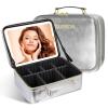 JUSRON Travel Makeup Bag With LED Mirror, Cosmetic Train Case with Light up Mirror, Portable Makeup Artist Organizer Bag with Adjustable Dividers, Makeup Brush Holder Storage (Sliver, Large) view 1