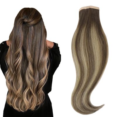 HOTBANANA Tape in Hair Extensions, 12 Inch 20pcs Chocolate Brown With Honey Blonde, Straight Remy Human Hair, 12 Inch