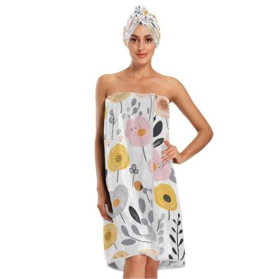 Bulletgxll Flowers with Leaves Women's Shower Wrap Towel Set of 3 Adjustable Spa Body Wrap Super Absorbent Bathrobe with Hair Towel & Headband