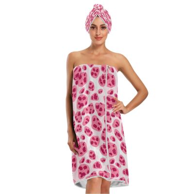 Bulletgxll Pink Leopard Spot Women's Shower Wrap Towel Set of 3 Adjustable Spa Body Wrap Super Absorbent Bathrobe with Hair Towel & Headband