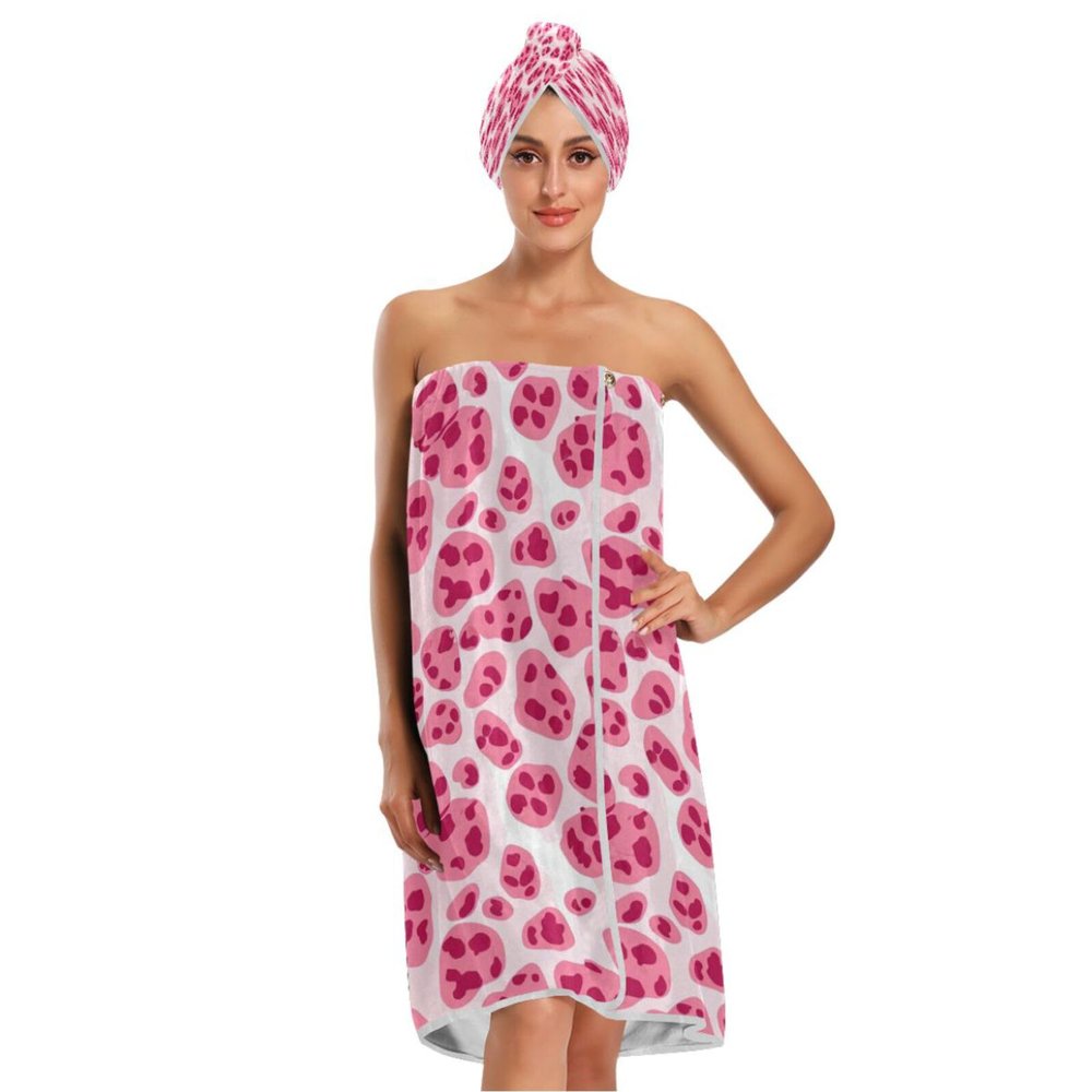 Bulletgxll Pink Leopard Spot Women's Shower Wrap Towel Set of 3 Adjustable Spa Body Wrap Super Absorbent Bathrobe with Hair Towel & Headband