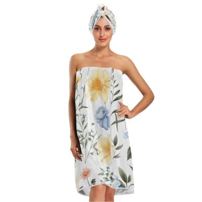 Bulletgxll Bees and Flowers Women's Shower Wrap Towel Set of 3 Adjustable Spa Body Wrap Super Absorbent Bathrobe with Hair Towel & Headband