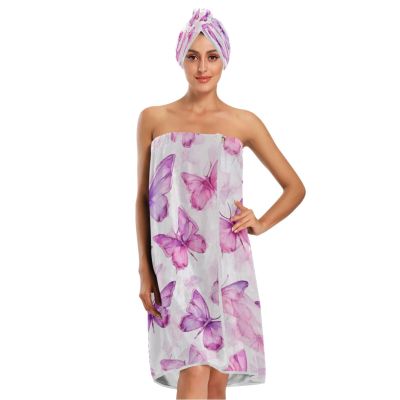 Bulletgxll Pink and Purple Butterfly Women's Shower Wrap Towel Set of 3 Adjustable Spa Body Wrap Super Absorbent Bathrobe with Hair Towel & Headband