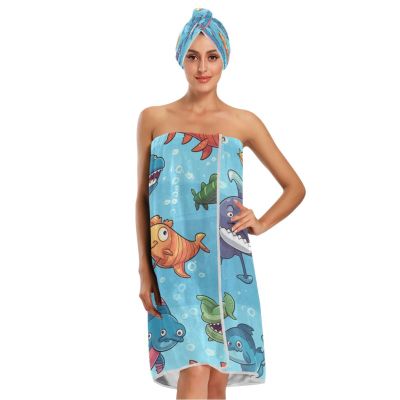 Bulletgxll Cartoon Sea Animals Women's Shower Wrap Towel Set of 3 Adjustable Spa Body Wrap Super Absorbent Bathrobe with Hair Towel & Headband