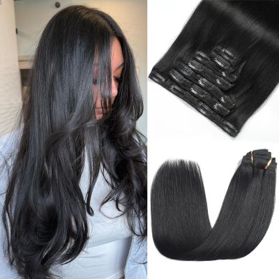 Clip in Hair Extensions Real Human Hair - 24 Inch 7pcs, Natural Black - Remy Human Hair Clip in Hair Extensions Straight for Women (#1B 24 Inch)