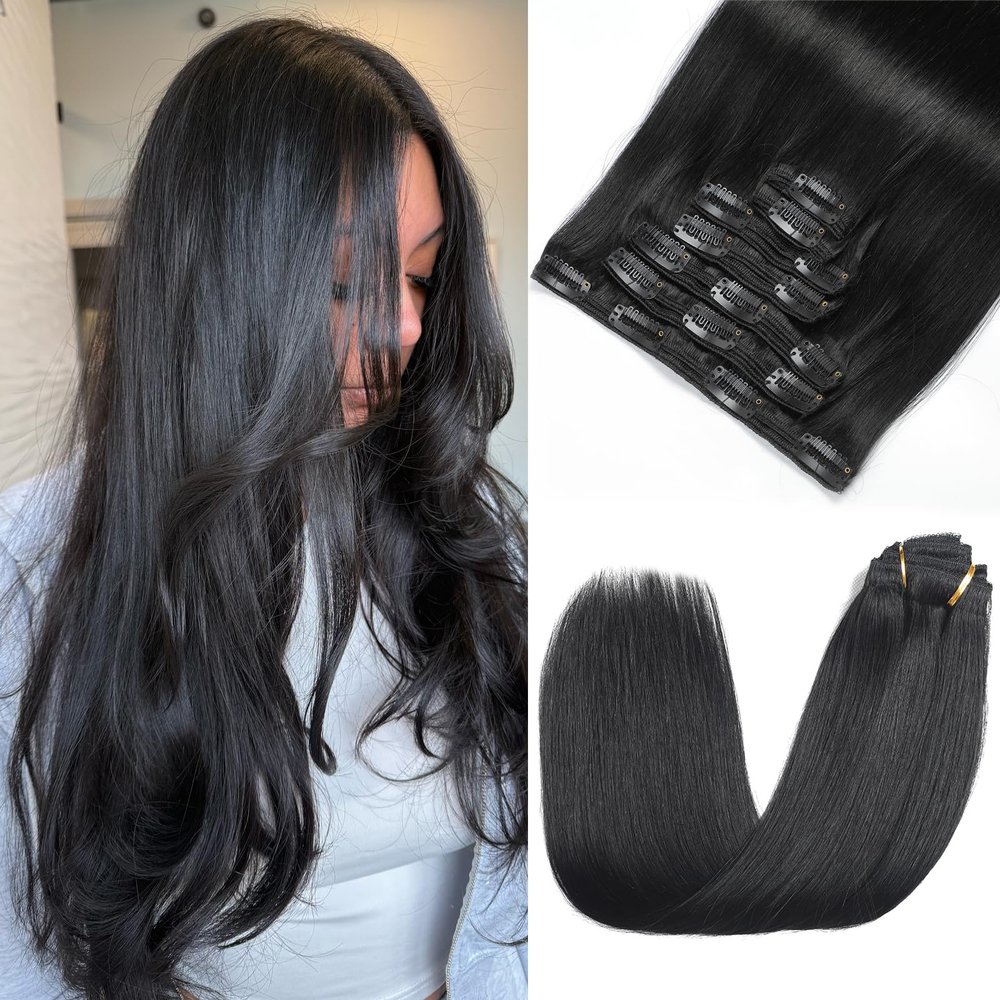 Clip in Hair Extensions Real Human Hair - 24 Inch 7pcs, Natural Black - Remy Human Hair Clip in Hair Extensions Straight for Women (#1B 24 Inch)