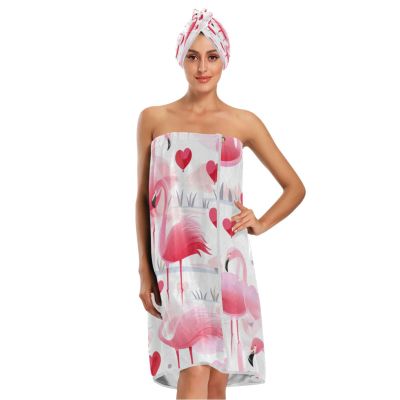 Bulletgxll Flamingos and Hearts Women's Shower Wrap Towel Set of 3 Adjustable Spa Body Wrap Super Absorbent Bathrobe with Hair Towel & Headband