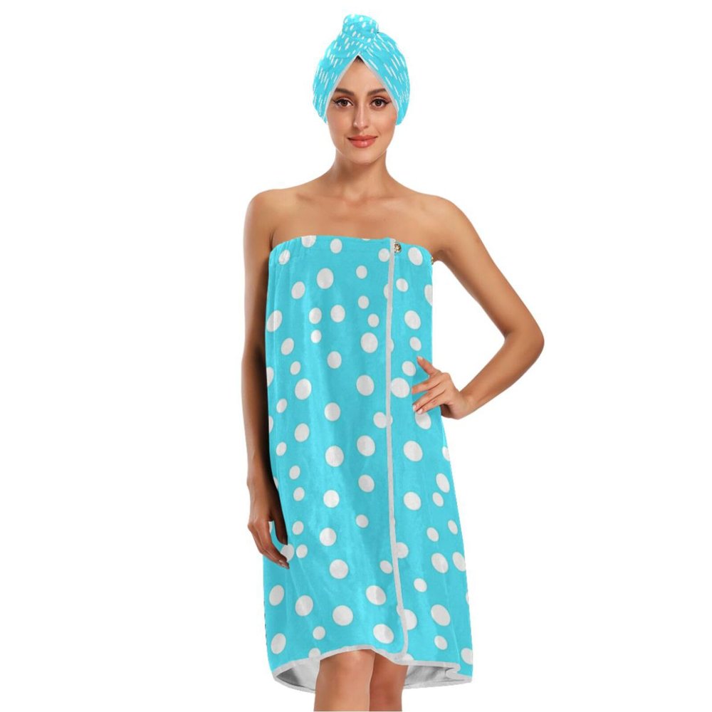 Bulletgxll Blue and White Dot Women's Shower Wrap Towel Set of 3 Adjustable Spa Body Wrap Super Absorbent Bathrobe with Hair Towel & Headband